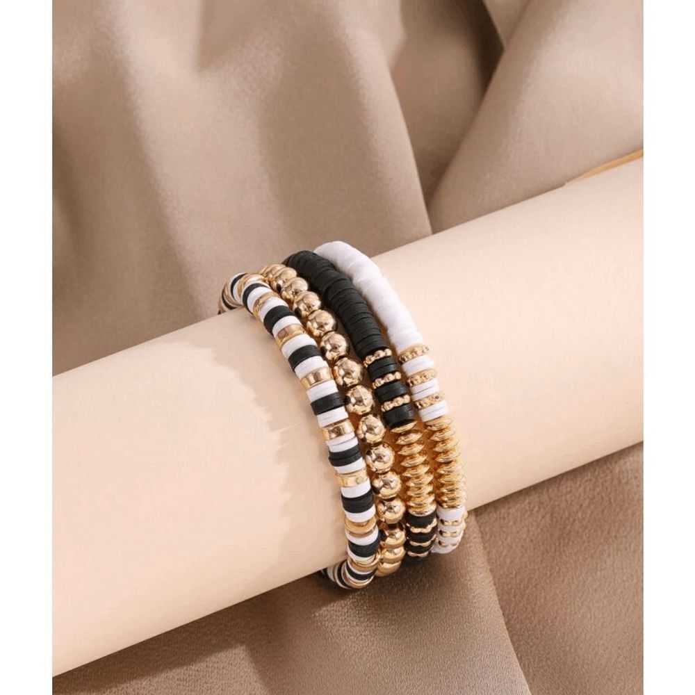 4 Piece Neutral Handmade Polymer Clay Heishi & Gold Beaded Stretch Bracelets
